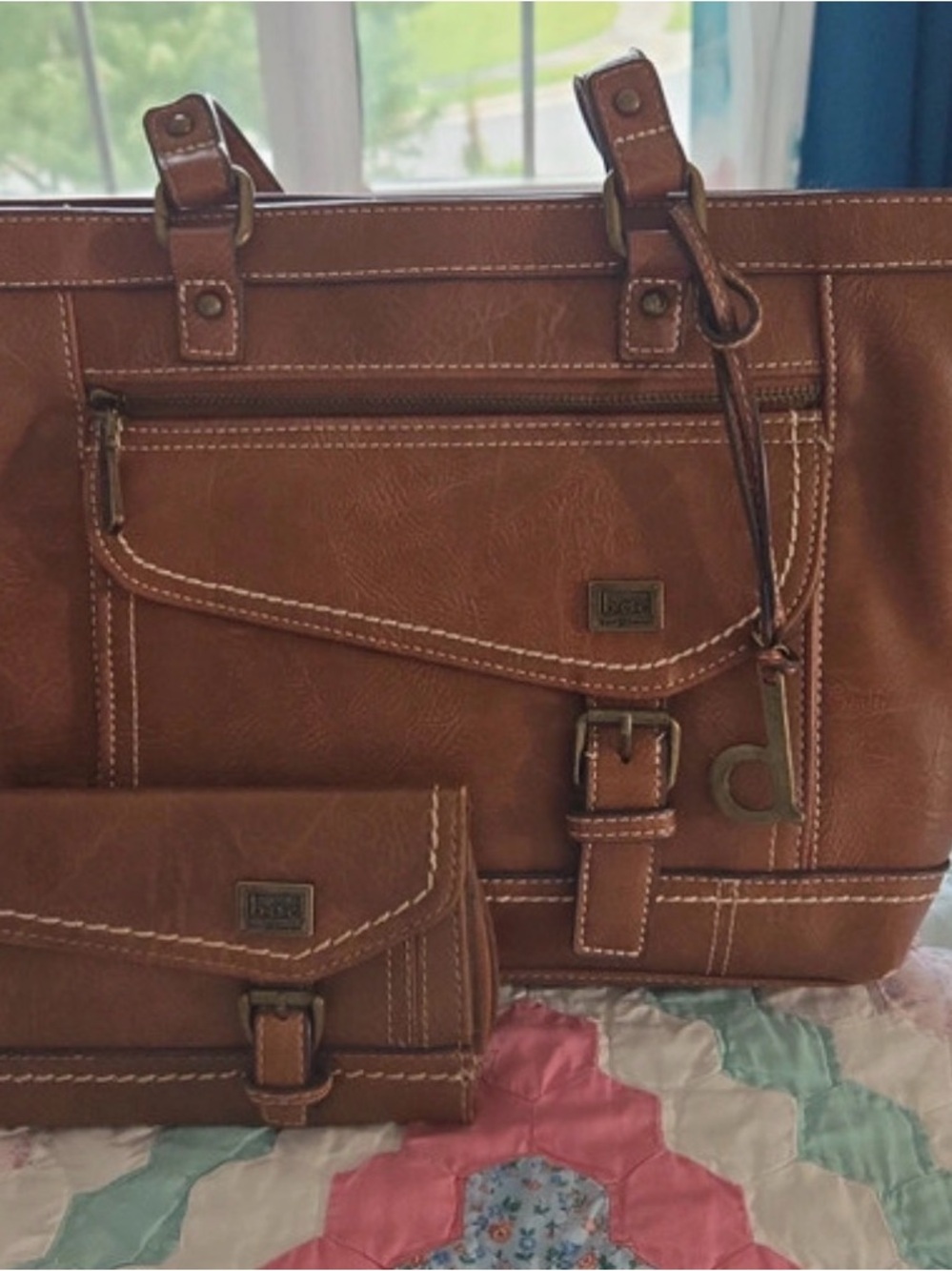 b.o.c. Chestnut Brown Faux Leather Tote with Matching Wallet
